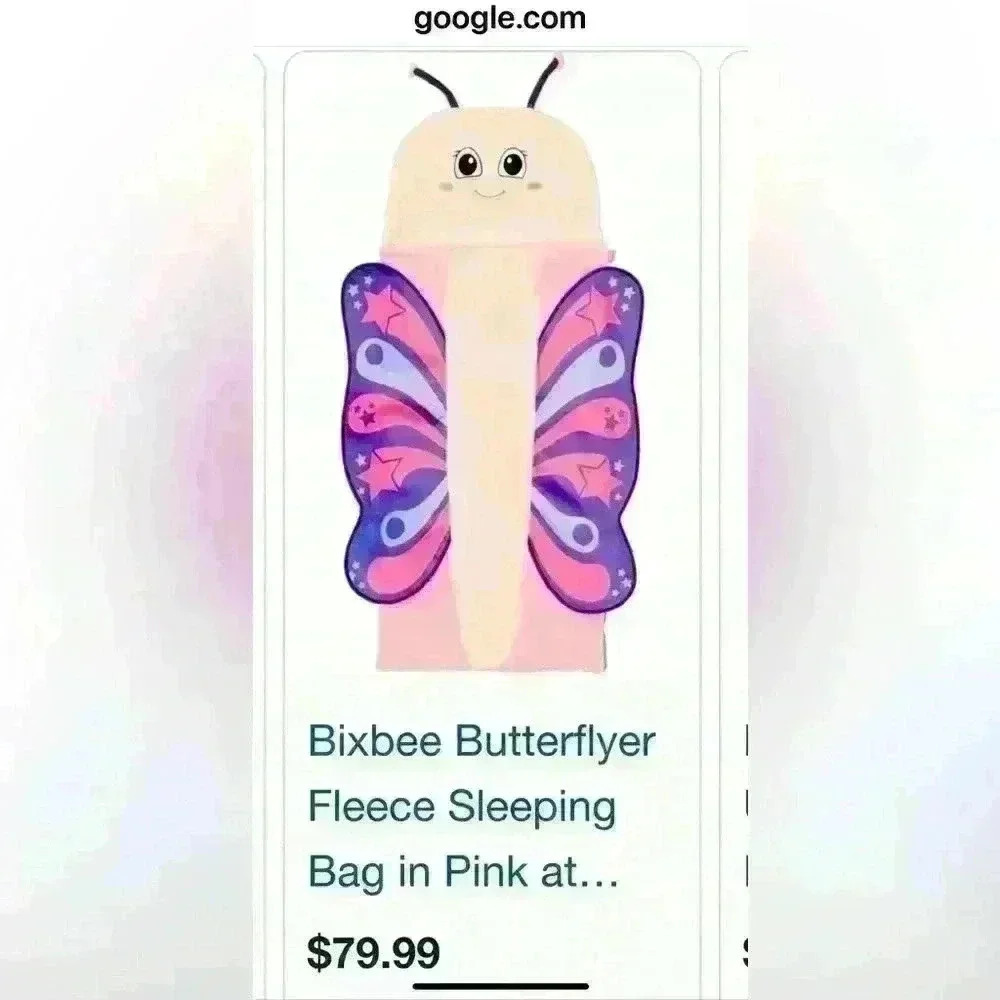 Bixbee kids sleeping bag, 56”L x 22”W Butterfly; machine washable and EZ fold up